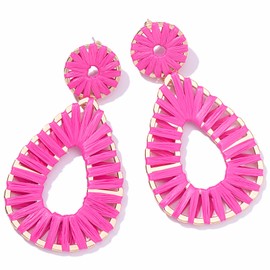 Boho Raffia Earrings Statement Teardrop Earrings Drop Dangle Bohemian Earrings for Women Cute Handmade Earring(Gold/Rose)