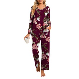 syoss Women's 2 Piece Pajama Sets Long Sleeve Sleepwear Soft Comfy Pj Lounge Sets L, Floral Burgundy