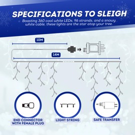 CUQOO 14m Christmas Icicle Lights – 360 Cool White LEDs, Snowy White Cable, 8 Lighting Modes, Energy Class A - Waterproof Low Voltage Outdoor Christmas Lights Icicle & Indoor Holiday Décor