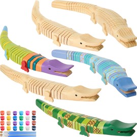 6 Pcs Painting Craft Kits for Kids Unfinished Wood Animals Figures Crafts with Paints Brushes Arts and Crafts for Boys Girls Spring Painting Valentine's Party Favors (Crocodiles)