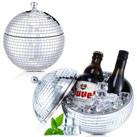 Hoolerry 2L Disco Ball Ice Bucket with Lid Mirror Silver Disco Beverage Tubs Disco Bowl Vase Cup Drink Bucket Ice Barrel Retro Double Insulated Stainless Steel Bucket Large Drink Bar Party Accessories