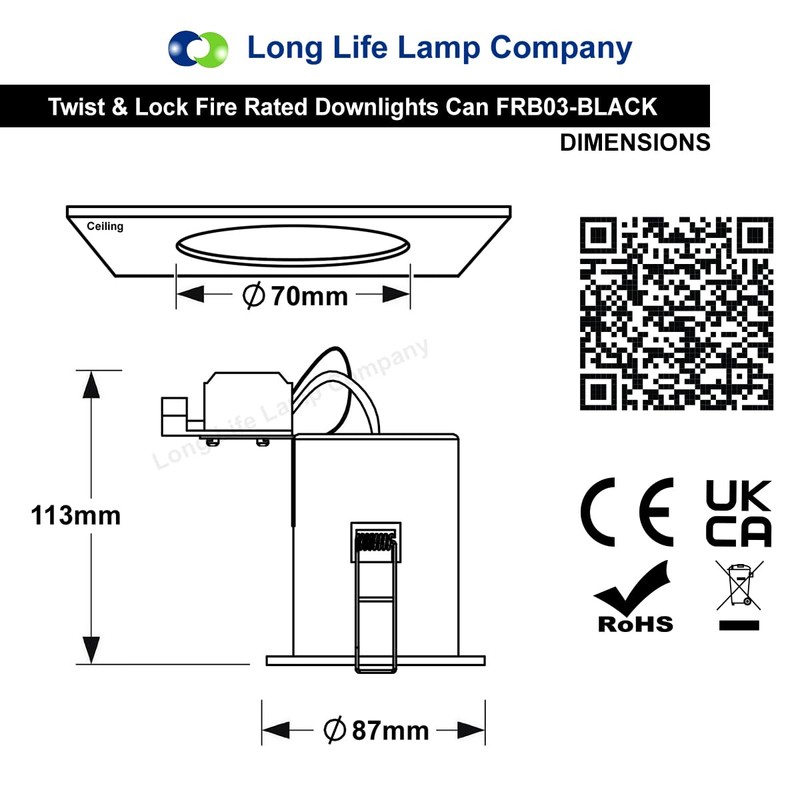 Long Life Lamp Company GU10 Fixed Black Downlight Fire Rated