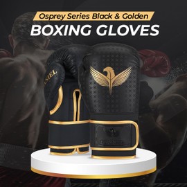 Staniel Osprey Series Boxing Training Gloves - Synthetic Leather with Long Injected Foam Padding, Foam-Lined Satin Interior for Comfort, Includes Free Mesh Backpack (Black/Golden 12 oz 1 Pair)