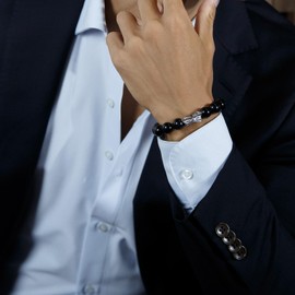 AWNL® Men's Beaded Bracelet with Sterling Silver Engraved Runes Charm 12mm Obsidian Natural Gemstone Gift for Men, 6.1''-6.5''