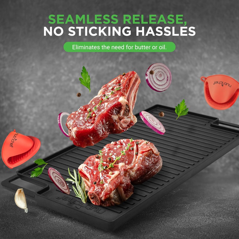 NutriChef Cast Iron Reversible Grill Plate, 18” Flat Skillet Griddle