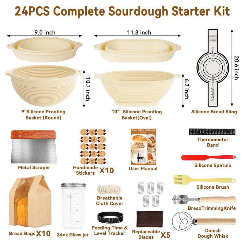 24 PCS Sourdough Starter Kit w/ 34oz Sourdough Starter Jar,