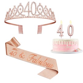 40th Birthday Decoration for Women with Rose Gold Sash, Tiara,Numbers Candles, Sincere 40th Birthday Gifts for Women