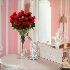 Artificial Rose Flowers Bouquet Burgundy 18 Blooms Long Stem Red Roses Bouquet Artificial Flowers Decoration for Home Table Garden Wedding Anniversary Valentine's Day Mother's Day Decor (A- Red)