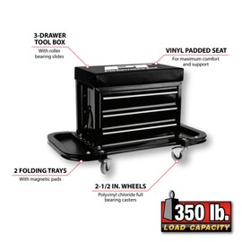 Performance Tool W85025 3-Drawer Rolling Tool Chest Seat With Magnetic Side Trays, Black