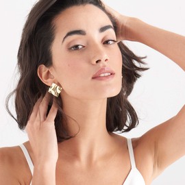 925 Sterling Silver Geometric Hammered Modern Square Stud Earrings for Women, 14k Yellow Gold Plated