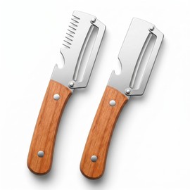 2Pcs Vegetable Peeler with Wooden Handle, Odor-Free Stainless Steel Multi Functional Vegetable Cutter, 2-in-1 and 3-in-1 Kitchen Tool with Scallion Shredder and Bottle Opener for Cooking and Camping