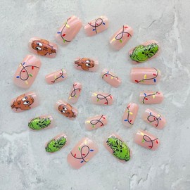Christmas Press on Nails Medium Length Square Fake Nails with Glitter Design Full Cover Acrylic Nails Winter Monster False Nails with Designs Cute Xmas Artificial Nails Nail Decorations for Women Girls