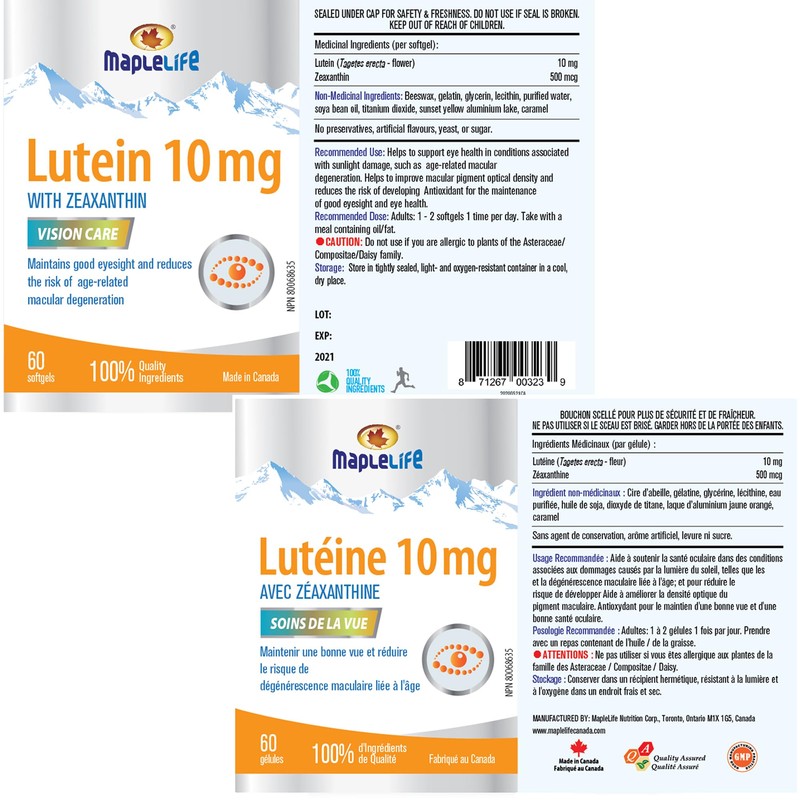Maplelife lutein 10mg 60 Softgels