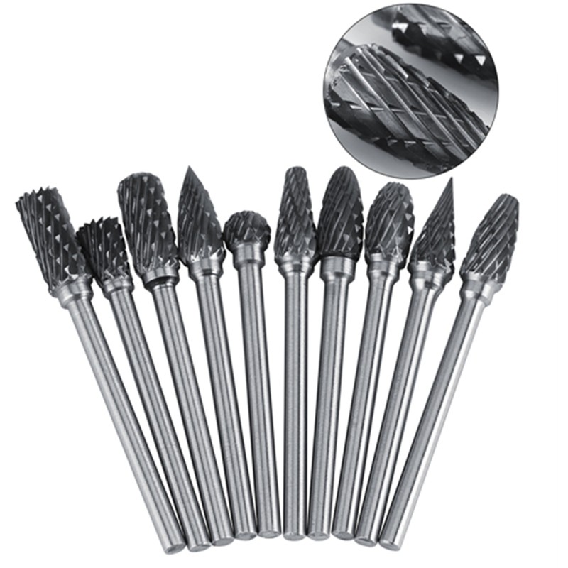 10pcs Tungsten Carbide Steel Rotary Files Burr Set 3mm Shank