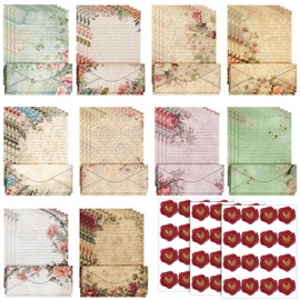 TaoBary 160 Packs Stationery Paper Set (50 Double Sided Stationery Writing Papers 50 Matching Envelopes) 60 Round Dot Sticker, 10 Design(Vintage Floral,8.5 x 11 Inch)