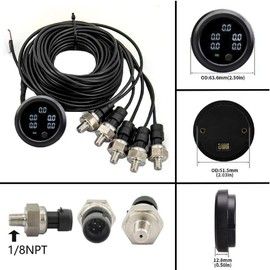 ZHSYMX Car Five White Display Air Suspension Pressur Gauge 2inch 52mm Air Ride Air Pressure Gauge 220PSI with with 5PCS 1/8NPT Sensors