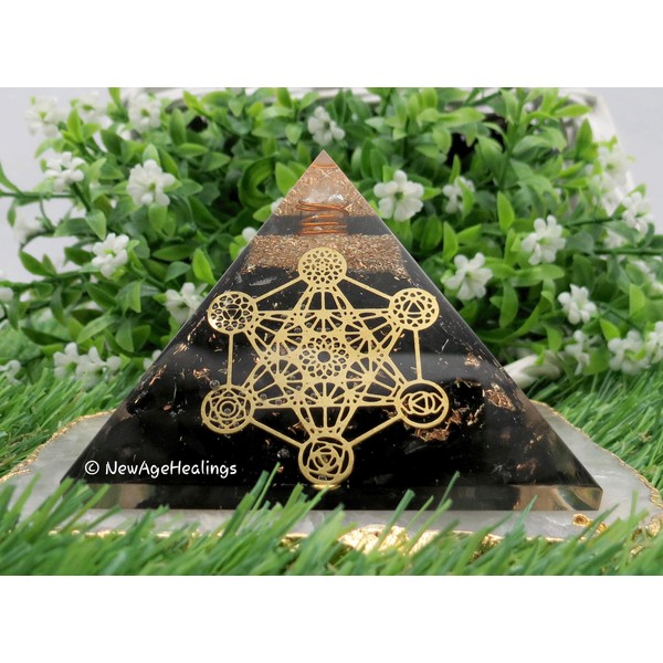 Amazing Gemstone Black Tourmaline Orgone Pyramid for Negative Energy Protection (Metatron's Cube - 7 Chakra)