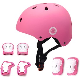 XJD Kids Bike Helmet Protective Gear Set Age 2-13 years Knee Pads Elbow Pads Wrist Guards and Adjustable Skateboard Helmets for Scooter Cycling Roller Skating Boys Girls (Pink, S)