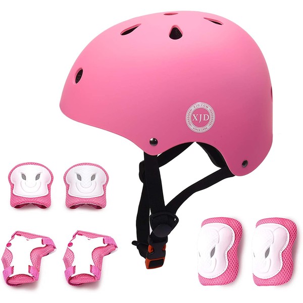 XJD Kids Bike Helmet Protective Gear Set Age 2-13 years Knee Pads Elbow Pads Wrist Guards and Adjustable Skateboard Helmets for Scooter Cycling Roller Skating Boys Girls (Pink, S)