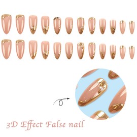 24 Pcs French False Nails, Pearl and Nude Gold Nail Art Decorations, Almond-Shaped Press-On Nails with Metallic Accents, Fake Nails Women Girls Nail Art Accessories