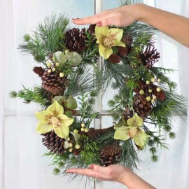 Factory Direct Craft 20" Sparkling Artificial Pine, Pine Cone and Helleborus Wreath