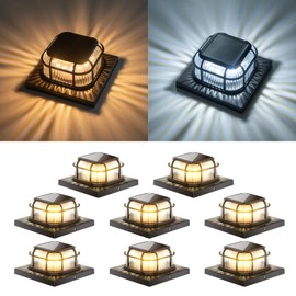 TopVelo Solar Post Light 8 Packs with 4x4, 5x5 and 6x6 Inches Base for Vinyl/Wooden Posts, Bright 16 LEDs Solar Cap Lights with Two Light Modes for Decorating Deck, Patio, Porch, Fence (Black)