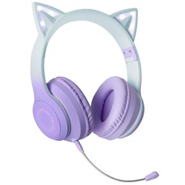 Headphones Cute Cat Ear Headphones Bluetooth 5.1 Wireless Headphones Bluetooth Headphones with Detachable Noise Cancelling Mic Hifi Stereo Wired Wireless Dual Use Gaming Headset LED Light Glitter
