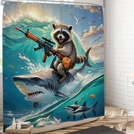 Pakena Funny Shower Curtain, Raccoon Riding Shark Cartoon Animal Boys Kids Shower Curtains Set Ocean Wave Teen Children Cool Bath Curtain Nautical Summer Fun Bathroom Decor 60x72 Inch