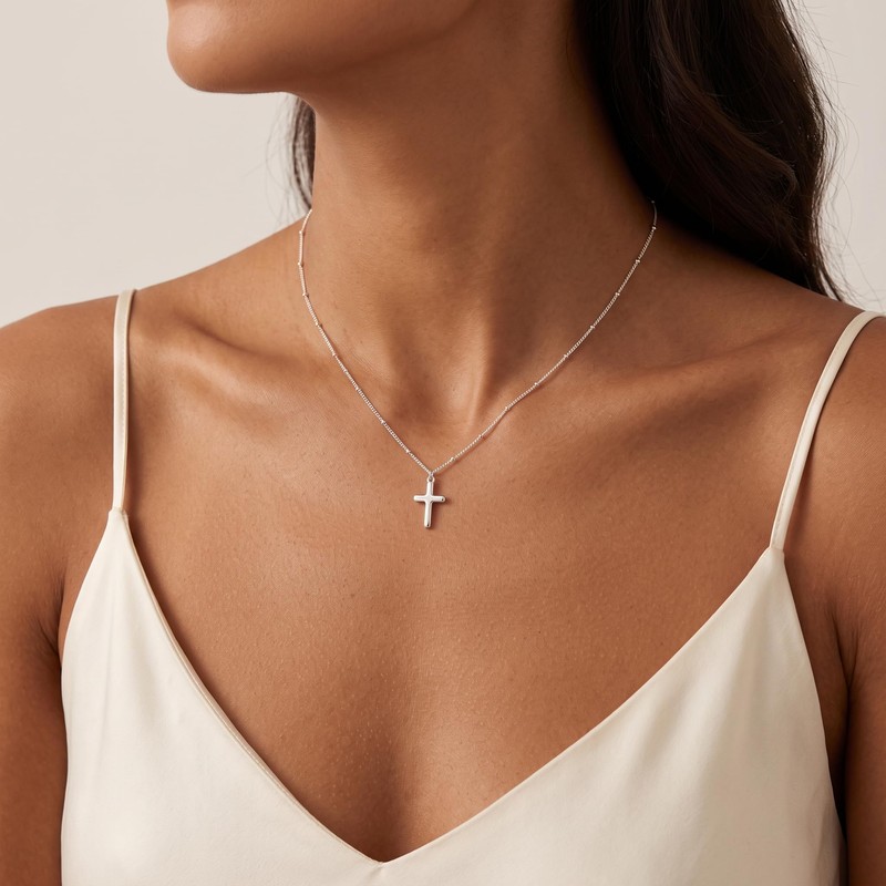 Cross Necklace for Women,925 Sterling Silver 1.5MM Bead Chain Cross