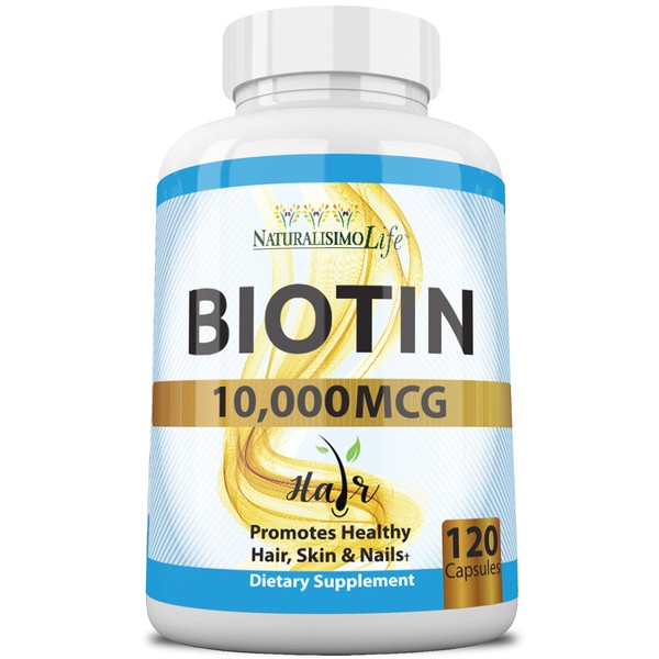 Biotin 10,000 mcg High Potency - Natural Hair, Skin, Nail & Metabolism 120 Capsules