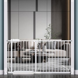 BELABB Extra Wide Baby Gate Tension Indoor Safety Gates White Metal Large Pet Gate Pressure Mounted Walk Through Long Dog Gate for The House Doorways Stairs (57.5 Inch-62.2 Inch/146cm-158cm, White)