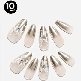 GLAMERMAID 10 Pcs 3D Luxury Handmade Press on Nails Long Almond, Nude White Silver Acrylic Fake Nails with Rhinestones Charms Design, Chrome Stiletto Stick Glue on False Nail, Manicure Kit for Women S