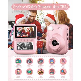 Kids Instant Print Camera, 3.0-inch HD Screen 32MP Photo Instant Digital Camera Christmas Birthday Gifts Toys for Children Girls Boys Age 3-12 - Pink - Colour: Pink