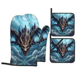 High Temperature Resistant Kitchen Baking 4-Piece Set, Flying Dragon Oven Mitts and Potholders Set, Banquet Party Baking Grilling Cooking