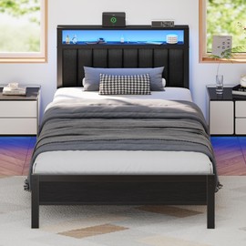 Furnulem Twin Size Bed Frame with Charging Station and LED Lights, Platform Bed with Metal Slats, Grey Upholstered Headboard with 2-Tier Storage Shelves, No Box Spring Needed