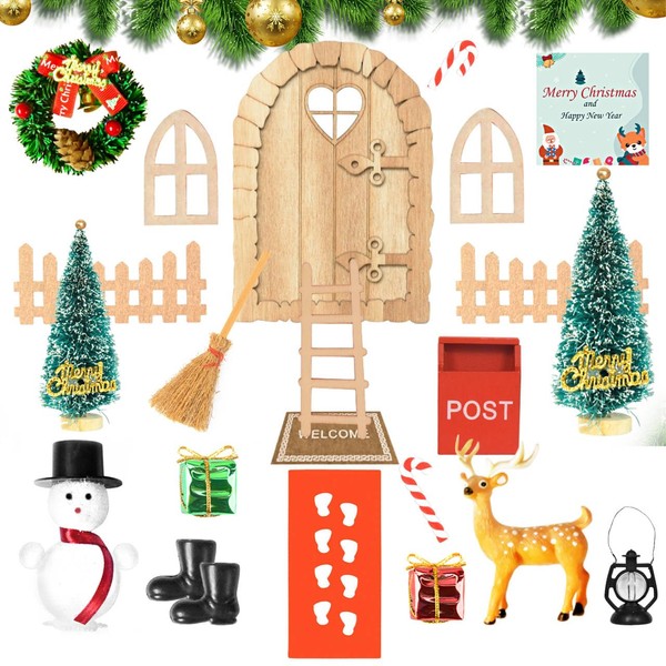 Gcstnn Gnome Accessories Christmas Set, 25 Pieces Gnome Door, Complete Set, Mini Gnome Door, Wooden Decoration for Fairy Door, with Snowman, Christmas Tree, Elk, DIY Gift for Children