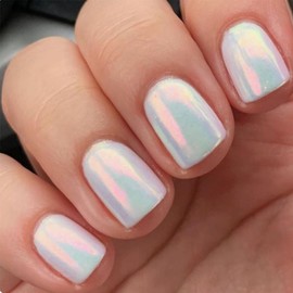 Aurora Press On Nails Short Square Fake Nails Chrome False Nails With Design Full Cover Acrylic White Glue On Nail Artificial Glossy Reusable Stick On Nail For Women Manicure 24pcs