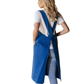 Bunny Street No-Tie Blue Cotton Pinafore Apron for Women – Premium Japanese Cross-Back Apron with Pockets for Florists, Artists, Crafters (Cornflower)