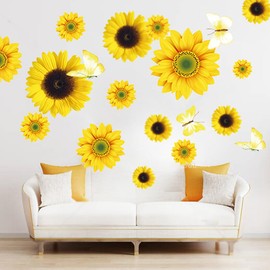 Sunflower Wall Sticker Waterproof Yellow Flowers Wall Decalswith 3D Butterfly Wall Sticker for Bedroom Kitchen and TV Wall(54 Pcs)