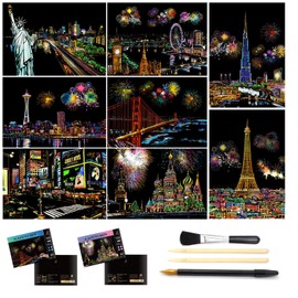 Scratch Painting, Scratch Art Rainbow Paper A4 for Adults and Kids,DIY Art Craft Night View Scratchboard with 4 Tools, 8 Pcs 11.6 X 8.3 Inches (North America Scenery)