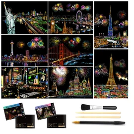 Scratch Painting, Scratch Art Rainbow Paper A4 for Adults and Kids,DIY Art Craft Night View Scratchboard with 4 Tools, 8 Pcs 11.6 X 8.3 Inches (North America Scenery)