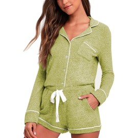 Aamikast Womens Pajama Sets Button Down Long Sleeve Sleepwear Soft 2 Piece Pjs Lounge Set (X-Large,Yellowish Green)