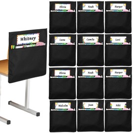 gisgfim 12 Pcs Chair Pockets for Classroom Large 19 x 17 inch Chairback Pocket Chart Seat Sacks Chairs Seat Back Organizer with Name Tag for Kindergarten School Home Teacher Supplies(Black)