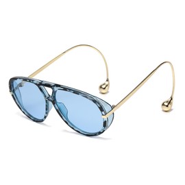 Long Keeper Retro Oversized Pilot Sunglasses for Women Men Double Bridge Sunglasses Trendy Ladies Aviation Sun Glasses Vintage Shades UV400 (Leopard Blue)
