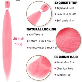 Xusuperb 30 Inch Long Pre Stretched Braiding Hair Pink Easy Braids Extensions Pink Kanekalon Synthetic Hair for Braiding 6 Packs Soft Pre-Stretched Braiding Hair Yaki Braids Hair Extensions (Pink#)