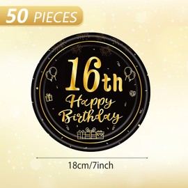 16th Birthday Decorations for Boys Girls,Black Gold 16th Birthday Tableware Set - 50Pcs 7Inch Small Paper Plates Happy 16 Year Old Sweet Sixteen Plates for Sweet 16 Party Decorations,Serves 50