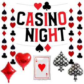 Casino Night Party Decorations Include Playing Cards Dice Spades Hearts Foil Balloons, Black Red Poker Bunting Banner for Las Vegas Night Casino Themed Game Night Party Decorations Supplies