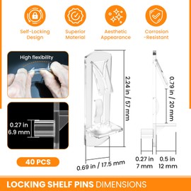 MARRTEUM 40Pcs Plastic Locking Shelf Support Pegs, 6.9mm Clear Self-Locking Pins Brackets Clips Holders for 6.9mm Diameter Peg x 3/4" Thick Shelves, Cabinet, Furniture, Bookshelves