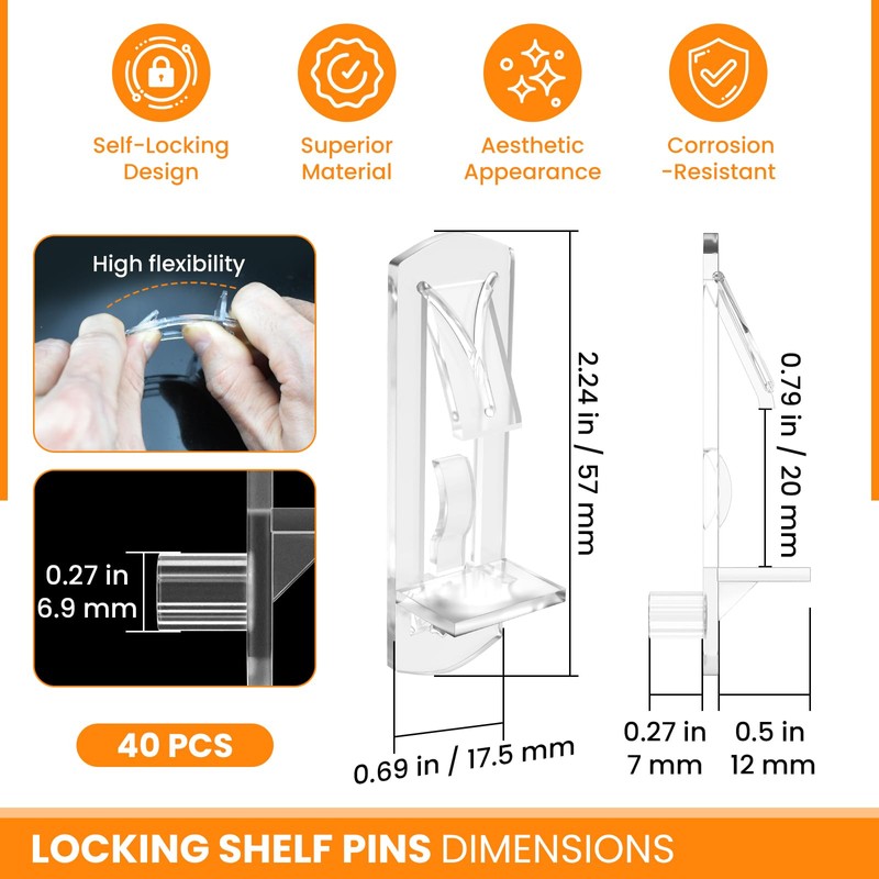 MARRTEUM 40Pcs Plastic Locking Shelf Support Pegs, 6.9mm Clear Self-Locking