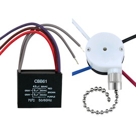 YOFOTHS Ceiling Fan Capacitor CBB61 4.5uf + 6uf + 5uf 5 Wire 250V, ZE-208S E89885 3 Speed 4 Wire Pull Chain Switch Silver